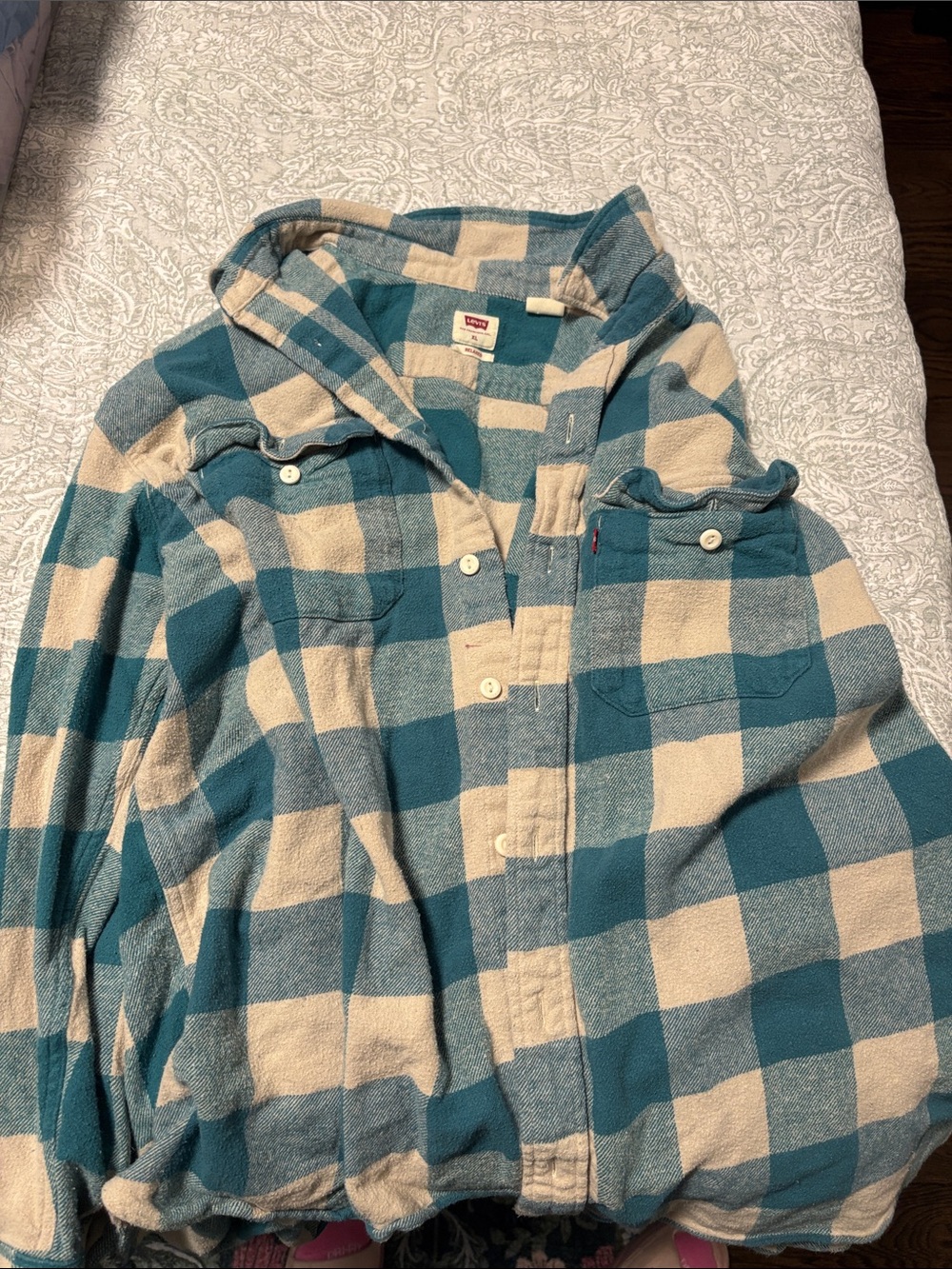 Levi's Teal and Cream Plaid Button-Up Shirt Flannel